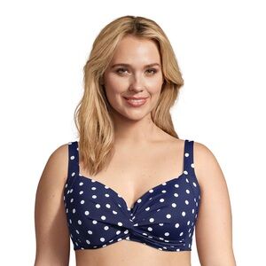 Lands' End Twist-Front Underwire Bikini Top Navy‎ Blue Polka Dot Sz 10 DD NEW